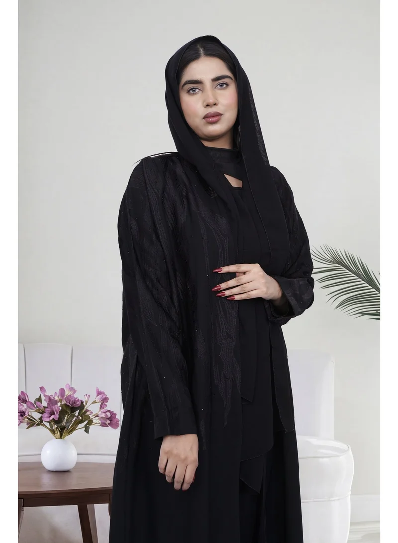 Fashion Line Elegant Black Front-Open Abaya with Intricate Embroidery and Matching Sheila Set - Women's Modest Formal Wear