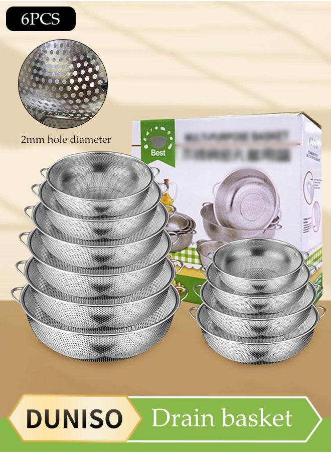 DUNISO 6 Pcs Stainless Steel Drainage Baskets, Multifunctional Vegetable Cleaning And Draining Basins, Multifunctional Fruit Baskets With Ears And Feet, Suitable For Kitchen And Dining Rooms  - Image 1