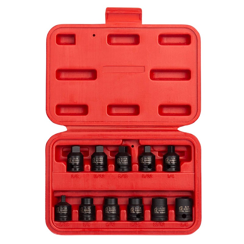 SUNEX TOOLS 3841, 3/8 Inch Drive Pipe Plug Socket Set, 11-Piece, SAE, 7/16" - 5/8", Cr-Mo Steel, Tapered Male Square Drive, Chamfered Female Square Drive, Heavy Duty Storage