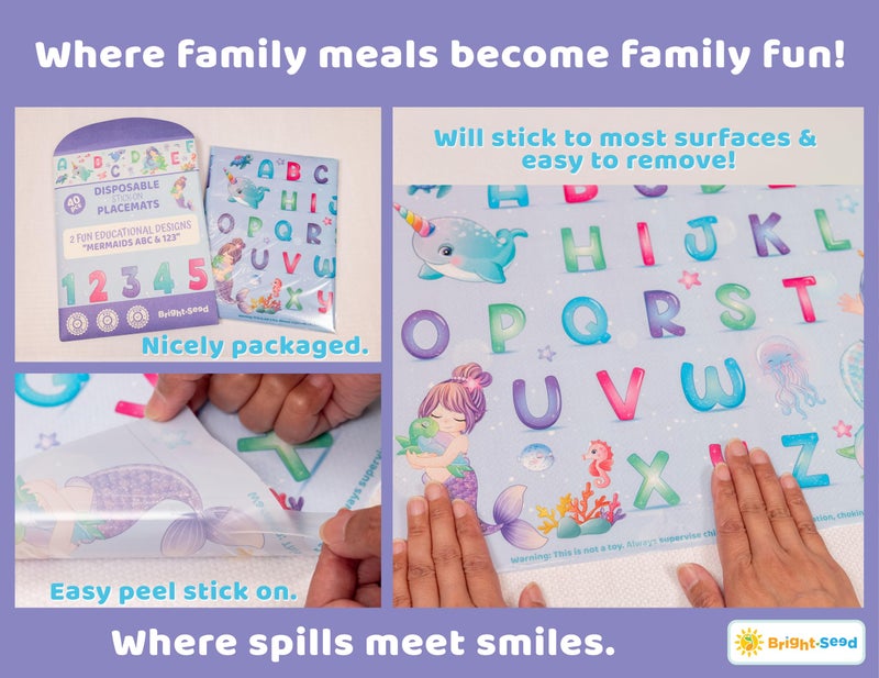 Bright Seed Disposable Placemats for Baby, Toddlers and Kids, 40 Disposable Baby Placemats for Restaurant, Dining Table & Travel, Learning Placemats for Kids, Toddler Travel, Mermaids ABC & Numbers - Image 5