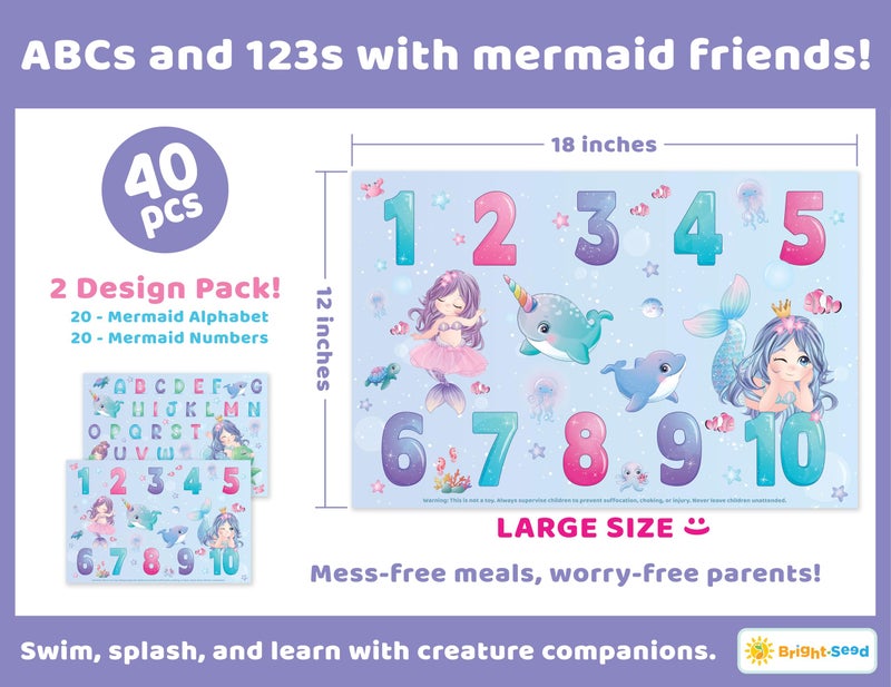 Bright Seed Disposable Placemats for Baby, Toddlers and Kids, 40 Disposable Baby Placemats for Restaurant, Dining Table & Travel, Learning Placemats for Kids, Toddler Travel, Mermaids ABC & Numbers - Image 4