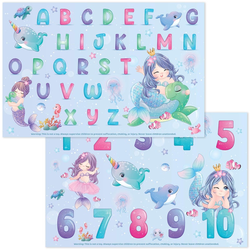 Bright Seed Disposable Placemats for Baby, Toddlers and Kids, 40 Disposable Baby Placemats for Restaurant, Dining Table & Travel, Learning Placemats for Kids, Toddler Travel, Mermaids ABC & Numbers - Image 1
