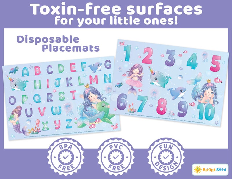 Bright Seed Disposable Placemats for Baby, Toddlers and Kids, 40 Disposable Baby Placemats for Restaurant, Dining Table & Travel, Learning Placemats for Kids, Toddler Travel, Mermaids ABC & Numbers - Image 2