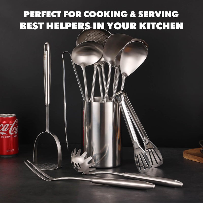 Standcn 18/10 Stainless Steel Kitchen Utensils Set - 12 PCS All Metal Cooking Tools & 15â€³ Serving Utensils - Potato Masher, Meat Fork, Tongs, Turner, Pasta, Serving Spoon, Skimmer, Ladle, Spatula Spoon Set - Image 5