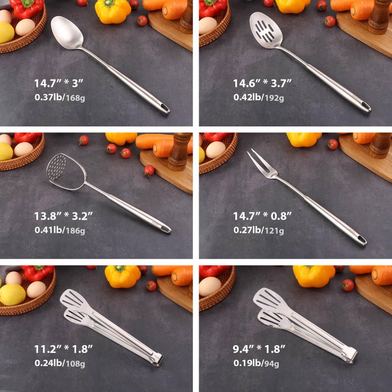 Standcn 18/10 Stainless Steel Kitchen Utensils Set - 12 PCS All Metal Cooking Tools & 15â€³ Serving Utensils - Potato Masher, Meat Fork, Tongs, Turner, Pasta, Serving Spoon, Skimmer, Ladle, Spatula Spoon Set - Image 2