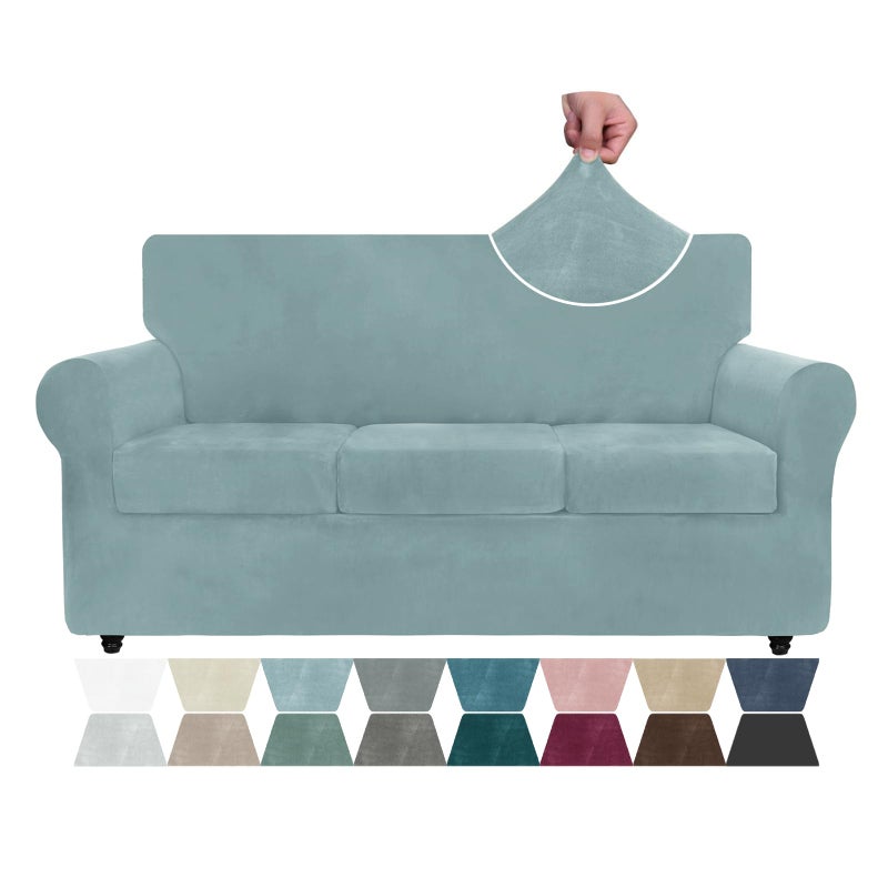 ZNSAYOTX Luxury Velvet Couch Cover 4 Piece 7292 Stretch Sofa Covers for 3 Cushion Couch Thick Soft Sofa Slipcover with Non Slip Strap Dog Pet Friendly Nice Furniture Protector Stone Blue