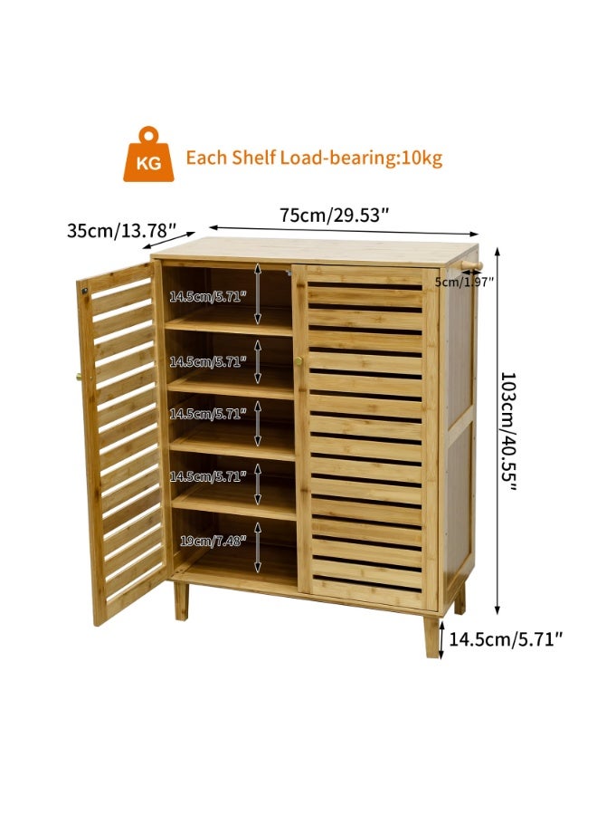 Bamboo Shoe Rack Cabinet – 5-Tier Shoe Storage Organizer with Ventilated Doors, Freestanding Rack for Entryway, Hallway, Closet, Home Furniture - Image 1
