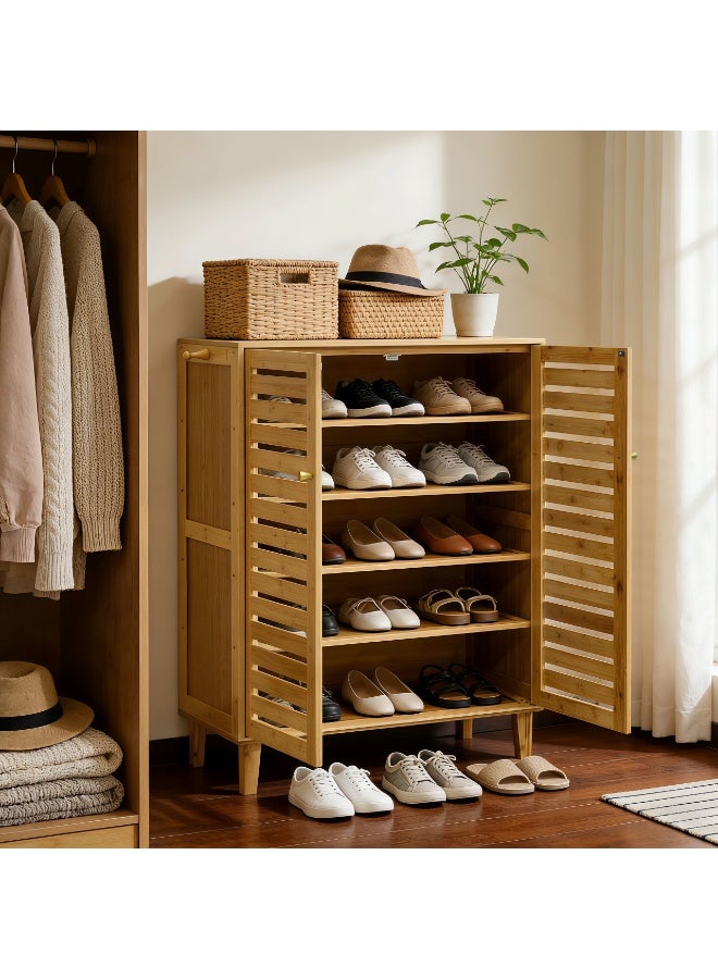 Bamboo Shoe Rack Cabinet – 5-Tier Shoe Storage Organizer with Ventilated Doors, Freestanding Rack for Entryway, Hallway, Closet, Home Furniture - Image 5