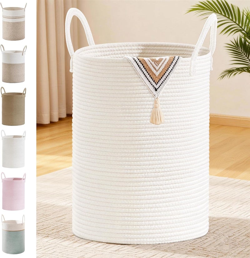 SunNewt Tall Laundry Basket with Handles, 100L Portable Dirty Clothes Hamper, Boho Cotton Rope Storage Bin for Blankets Kids Toys Gifts, Extra Large Organizer for Baby Nursery Bedroom Bathroom, White - Image 1