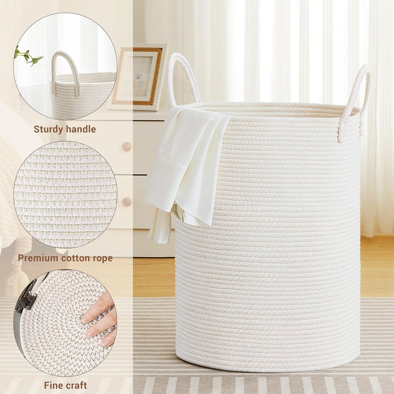 SunNewt Tall Laundry Basket with Handles, 100L Portable Dirty Clothes Hamper, Boho Cotton Rope Storage Bin for Blankets Kids Toys Gifts, Extra Large Organizer for Baby Nursery Bedroom Bathroom, White - Image 3