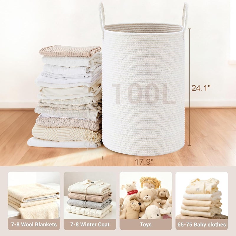 SunNewt Tall Laundry Basket with Handles, 100L Portable Dirty Clothes Hamper, Boho Cotton Rope Storage Bin for Blankets Kids Toys Gifts, Extra Large Organizer for Baby Nursery Bedroom Bathroom, White - Image 2