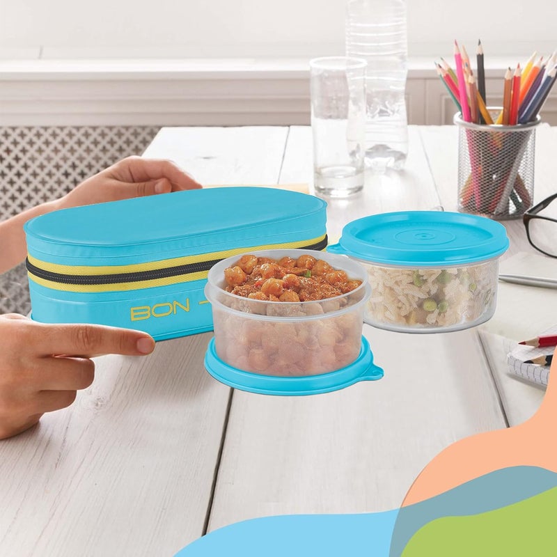 Milton MILTON New Bon Bon Plastic Lunch Box with Insulated Jacket, 2 Containers (280 ml Each), Microwavable & Leak-Proof Tiffin for Office, School, College, Cyan  - Image 4