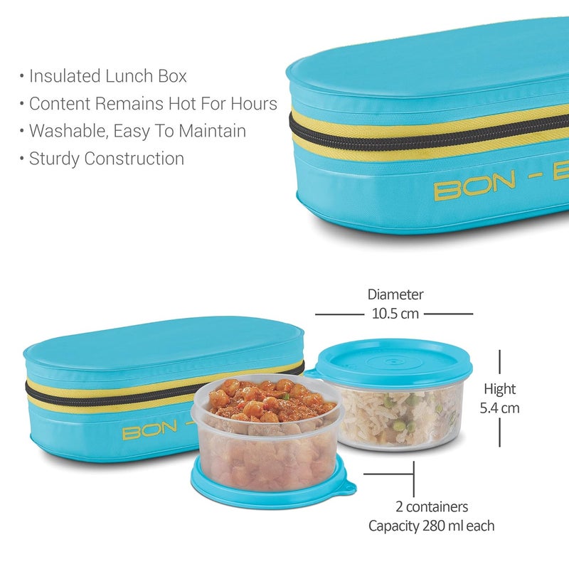 Milton MILTON New Bon Bon Plastic Lunch Box with Insulated Jacket, 2 Containers (280 ml Each), Microwavable & Leak-Proof Tiffin for Office, School, College, Cyan  - Image 5