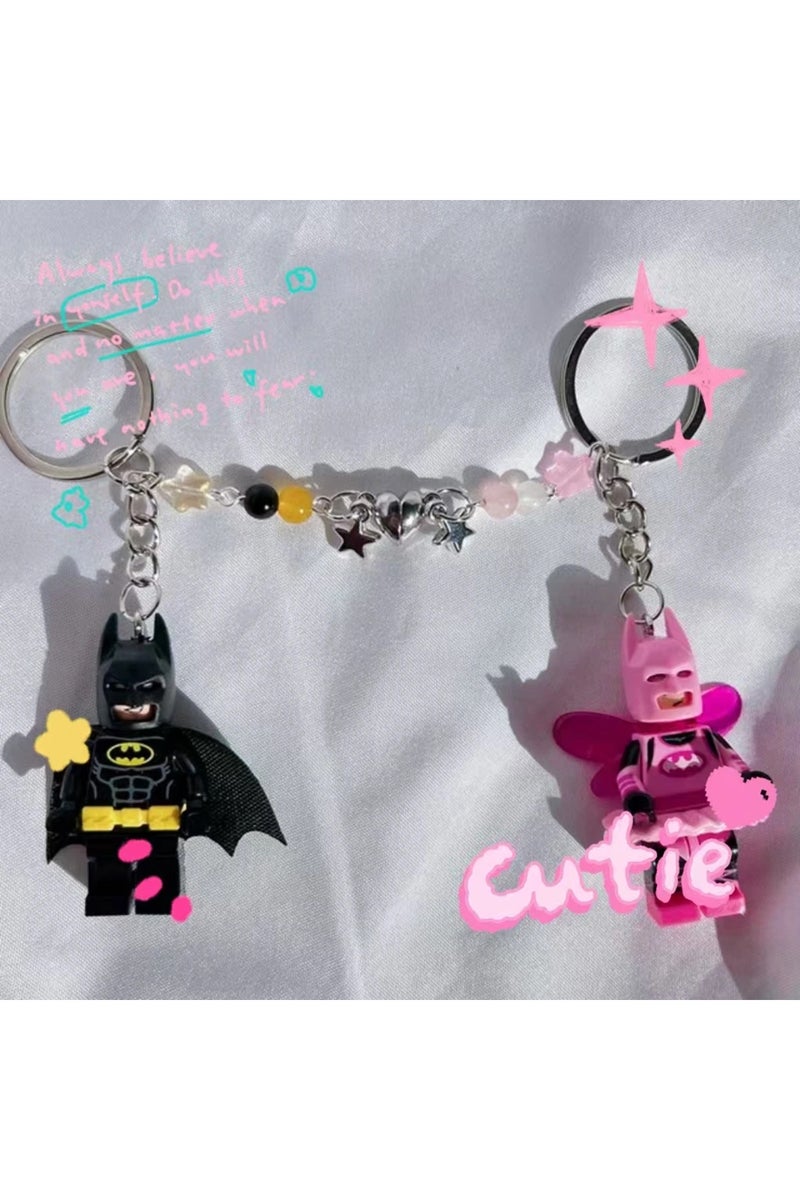 مجموعة ميداليات مفاتيح مغناطيسية ثلاثية الأبعاد لطيفة مصنوعة يدويًا باللونين الوردي والأسود على شكل نجمة باتمان، ميدالية مفاتيح شخصية للأزواج