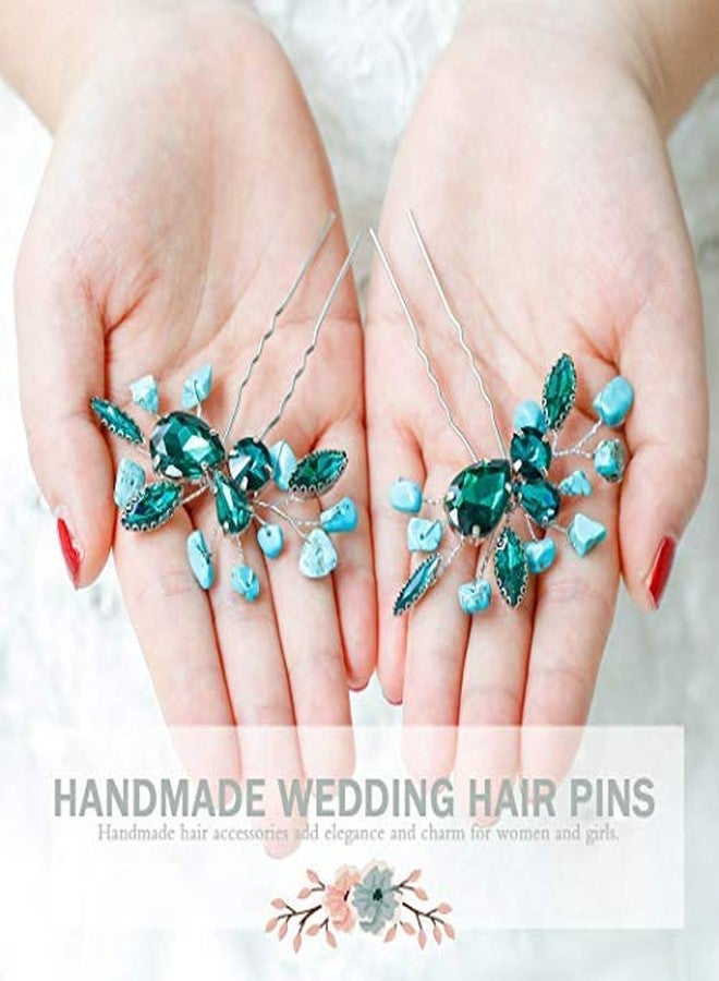 Aukmla Turquoise Bride Wedding Hair Pins Green Crystal Bridal Headpiece Hair Accessories for Women and Girls - Image 2
