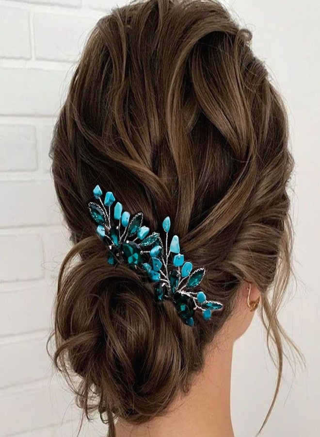 Aukmla Turquoise Bride Wedding Hair Pins Green Crystal Bridal Headpiece Hair Accessories for Women and Girls - Image 1