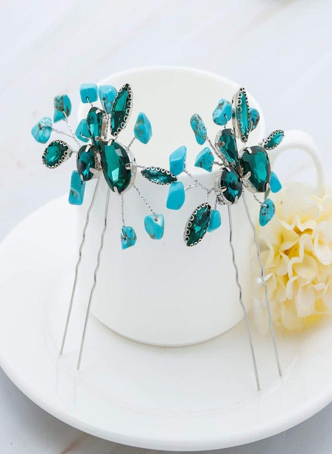 Aukmla Turquoise Bride Wedding Hair Pins Green Crystal Bridal Headpiece Hair Accessories for Women and Girls - Image 4