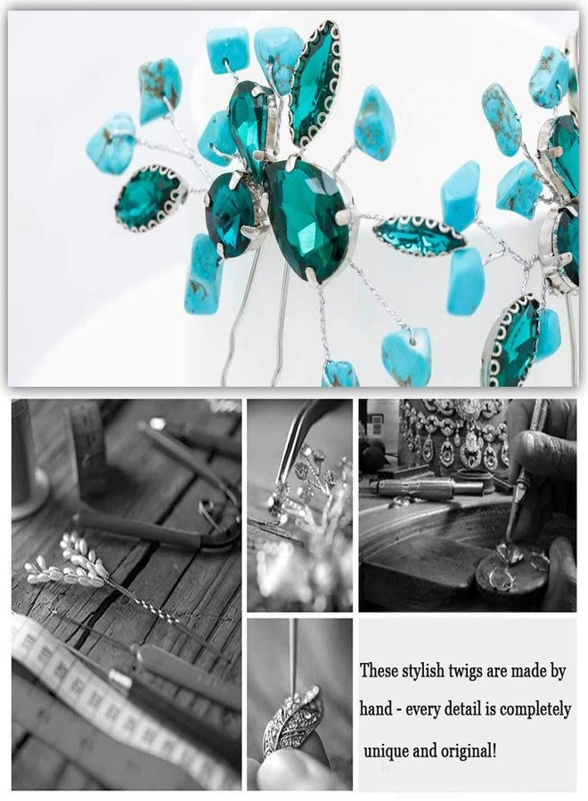 Aukmla Turquoise Bride Wedding Hair Pins Green Crystal Bridal Headpiece Hair Accessories for Women and Girls - Image 3
