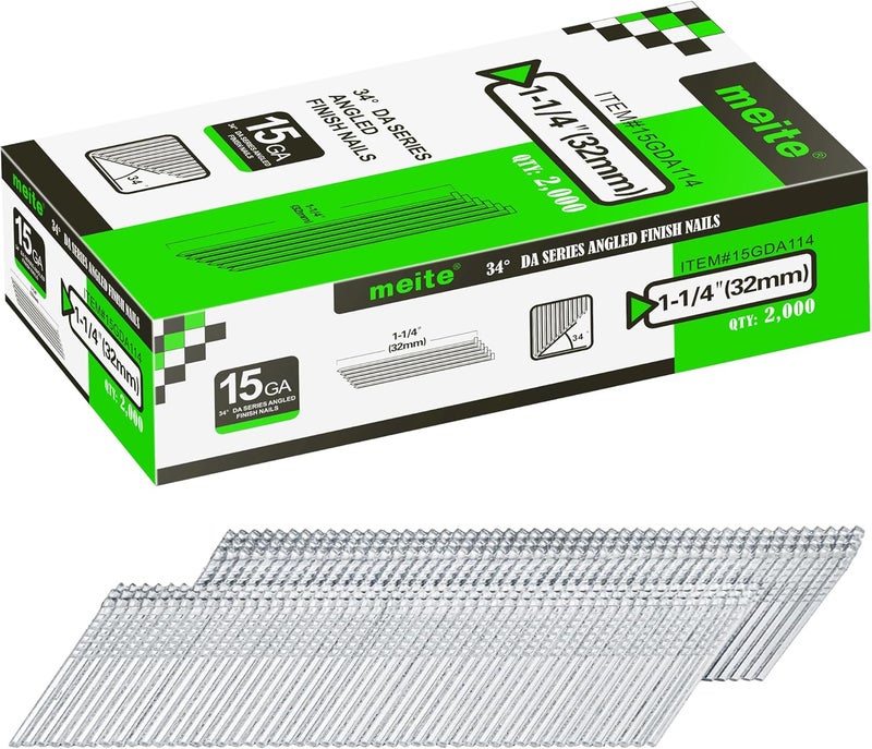 Meite 15 Gauge Angled Finish Nails, 1-1/4-Inch 34 Degree Galvanized Finishing Nails for Nailer Guns - Perfect for Window Trim, Cabinet Building and Other DIY Projects (2,000 Counts) - Image 1