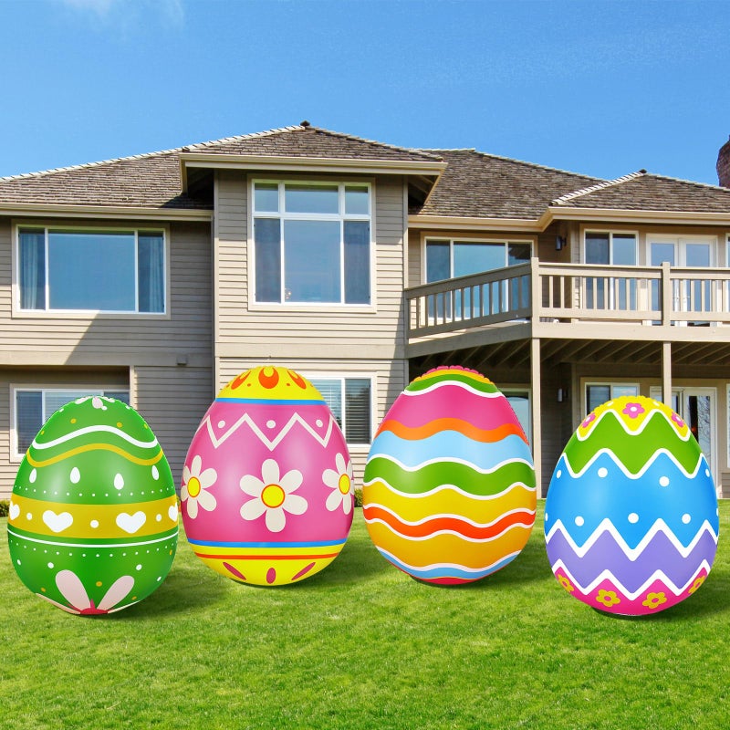 Liliful 4 Pcs 40 Inch Giant Inflatable Easter Eggs Decorations Colorful Large Inflatables Outdoor Decor Standing Outdoor Easter Yard Ornaments for Garden Holiday Lawn Party (Cute) - Image 1