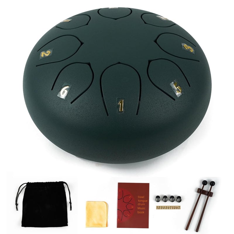 Regis 8 Notes 6 Inch Matt Green Alloy Steel Tongue Drum – Handpan Percussion Drum for Kids & Adults, Meditation, Yoga, Music Therapy – Includes Mallets, Finger Picks & Travel Bag – Matt Green - Image 1