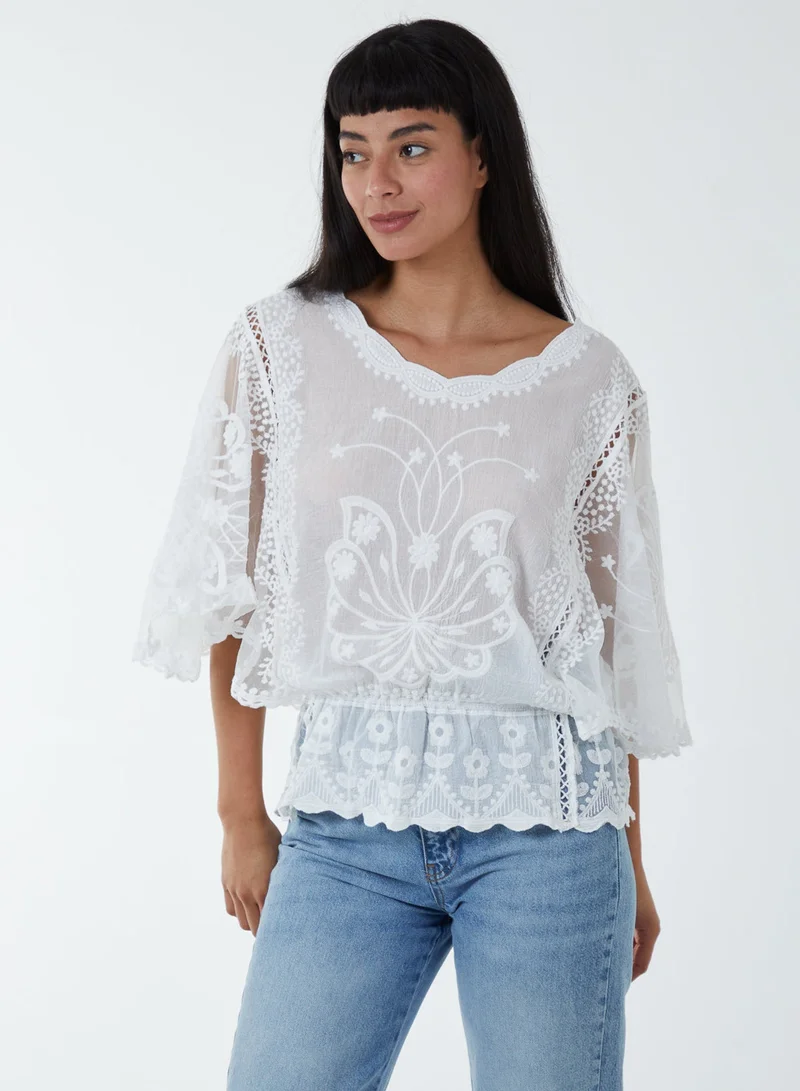 Blue Vanilla Floral Lace Butterfly Sleeve Blouse