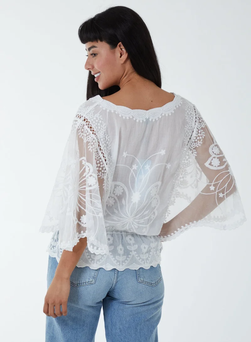 Blue Vanilla Floral Lace Butterfly Sleeve Blouse