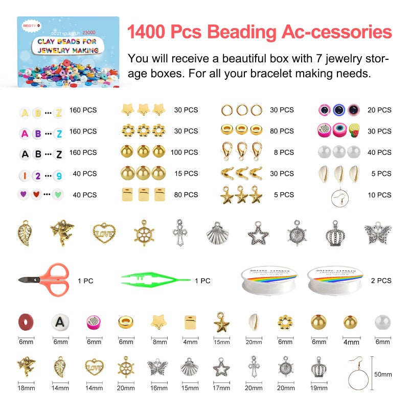 Redtwo 23000 Pcs Clay Beads Bracelet Making Kit 144 Colors 7 Boxes Flat Polymer Heishi Beads Set for Friendship Jewelry Making with Pendant Charms Crafts Gifts for Girls Ages 6-12 Kids Adults - Image 3