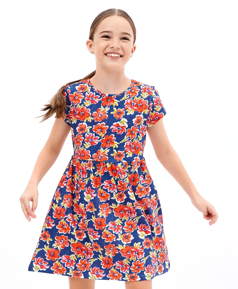 Primo Gino Primo Gino Half Sleeves Frock Floral Print Dress With Digital Print Technique - Blue