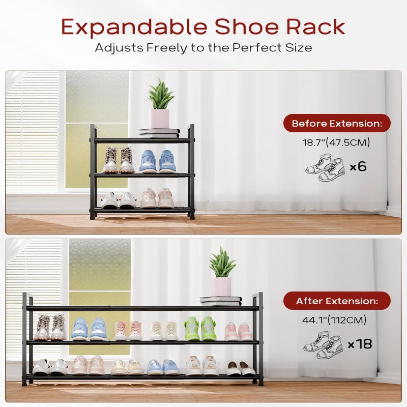 Bumusty 3-Tier Long Expandable Shoe Rack for Closet, 18"-44" Adjustable Shoe Rack for Entryway, 15-18 Pairs Large Shoe Organizer Shelf Storage, Sturdy Metal, Black - Image 2
