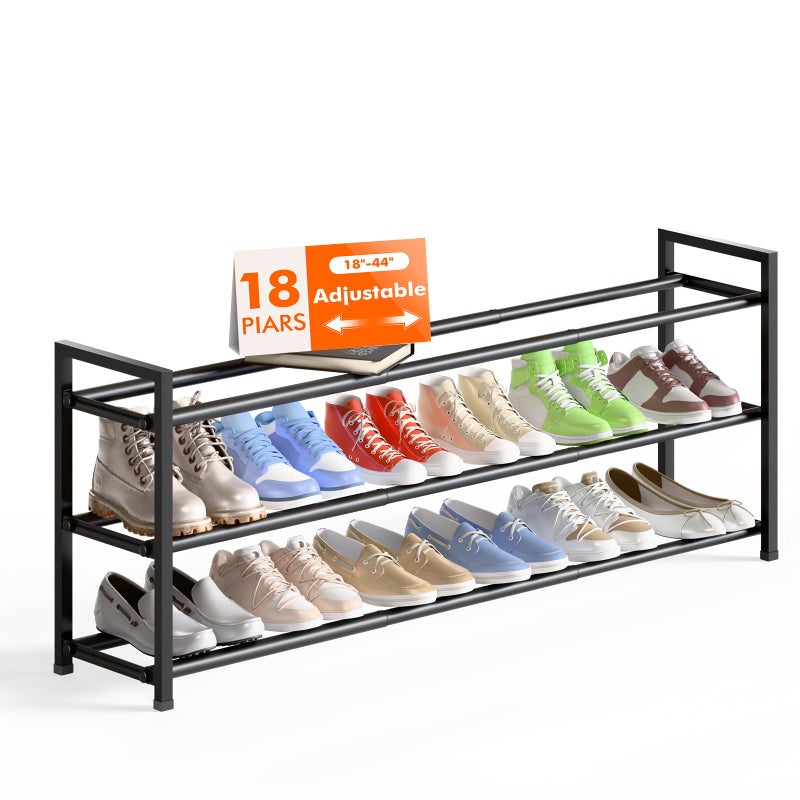 Bumusty 3-Tier Long Expandable Shoe Rack for Closet, 18"-44" Adjustable Shoe Rack for Entryway, 15-18 Pairs Large Shoe Organizer Shelf Storage, Sturdy Metal, Black - Image 1