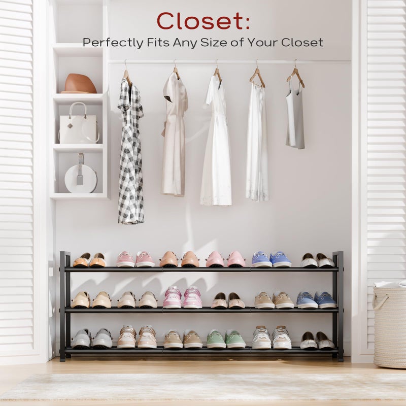 Bumusty 3-Tier Long Expandable Shoe Rack for Closet, 18"-44" Adjustable Shoe Rack for Entryway, 15-18 Pairs Large Shoe Organizer Shelf Storage, Sturdy Metal, Black - Image 4