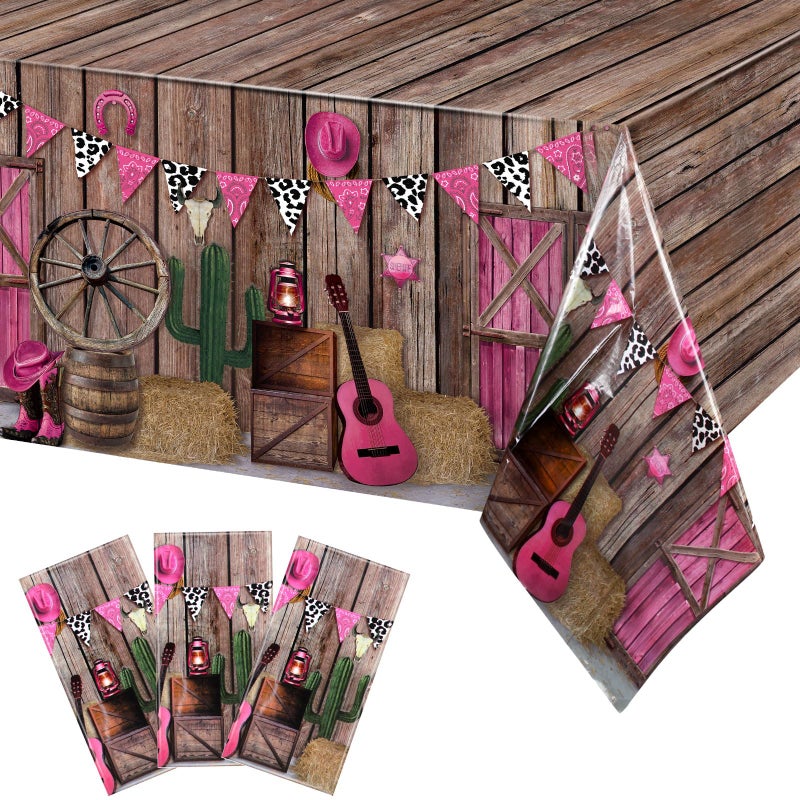 Tiamon 3 Pieces Western Party Tablecloth Cowgirl Table Cover Pink Western Cowgirl Plastic Tablecloth Disposable Wild West Table Cover for Baby Shower Birthday Party Supplies 54 X108 Inch - Image 2