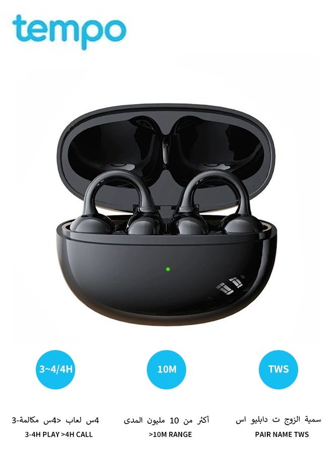 Tempo Open-Ear Clip Wireless Earbuds, Ultra Light Clip-on Design, Long Playback Dual Device Connect, For Sports Driving Office Running Travel Black Earphones - Image 1