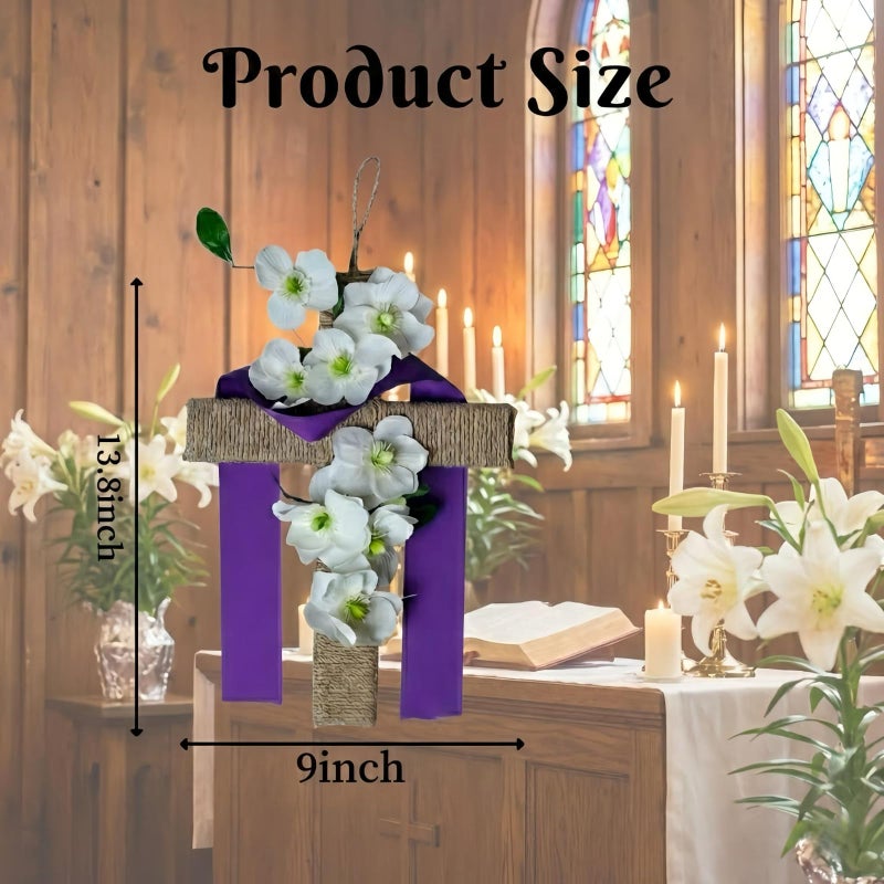 OceanCamel Easter Cross Wreath for Front Door, 14 Inch Rustic Cross with White Lily Flowers and Purple Ribbon, Spring Religious Wall Hanging Decor for Home Porch Church Party Celebration - Image 2