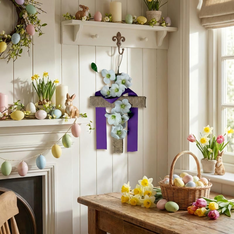 OceanCamel Easter Cross Wreath for Front Door, 14 Inch Rustic Cross with White Lily Flowers and Purple Ribbon, Spring Religious Wall Hanging Decor for Home Porch Church Party Celebration - Image 4
