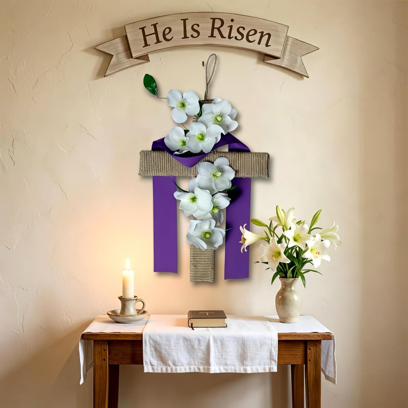 OceanCamel Easter Cross Wreath for Front Door, 14 Inch Rustic Cross with White Lily Flowers and Purple Ribbon, Spring Religious Wall Hanging Decor for Home Porch Church Party Celebration - Image 3