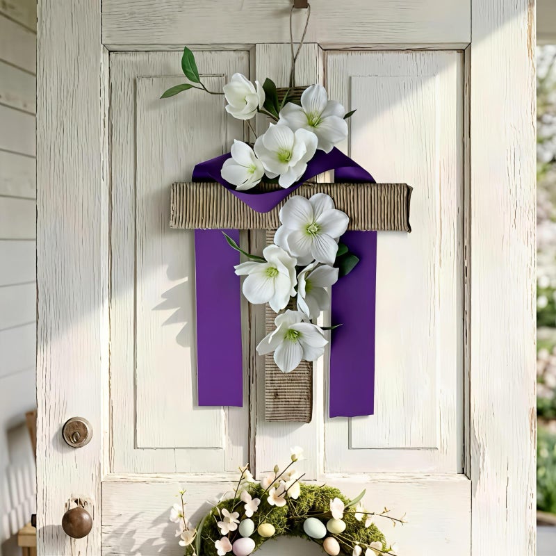 OceanCamel Easter Cross Wreath for Front Door, 14 Inch Rustic Cross with White Lily Flowers and Purple Ribbon, Spring Religious Wall Hanging Decor for Home Porch Church Party Celebration - Image 1