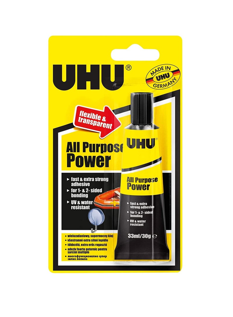 UHU All Purpose Power Adhesive, Super Strong, Elastic, Universal Crafts, Repair Glue, Tube, 33 Ml, Transparent  - Image 1