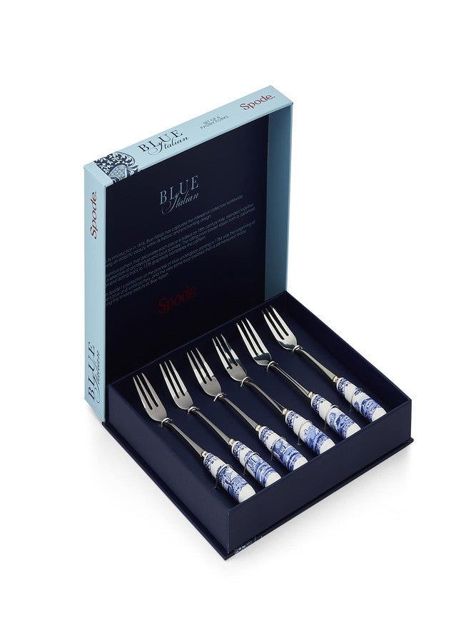 Spode Blue Italian Collection Pastry Forks, Set of Six, Stainless Steel Fork, Porcelain Handle, 6-Inch Salad, Spaghetti, Appetizer, and Dessert Fork, Hand Wash - Image 1