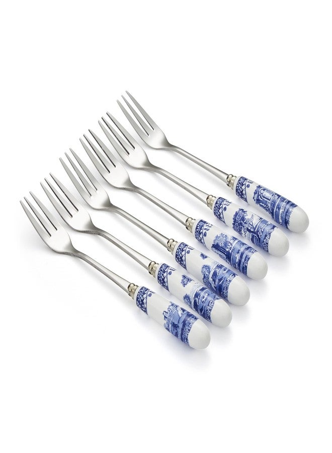 Spode Blue Italian Collection Pastry Forks, Set of Six, Stainless Steel Fork, Porcelain Handle, 6-Inch Salad, Spaghetti, Appetizer, and Dessert Fork, Hand Wash - Image 2