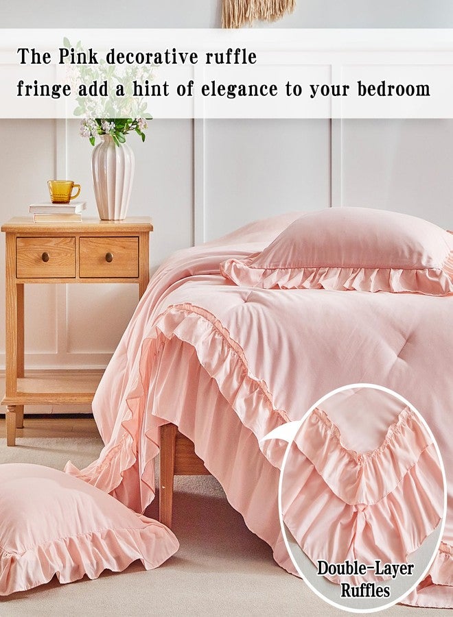 Flysheep Pink Ruffle Comforter Set Full/Queen Size, 3 Pieces Vintage Farmhouse Shabby Chic Comforters, Solid Color Lightweight Soft Fluffy Bedding Sets for All Season (1 Ruffled Comforter + 2 Pillow Shams) - Image 4