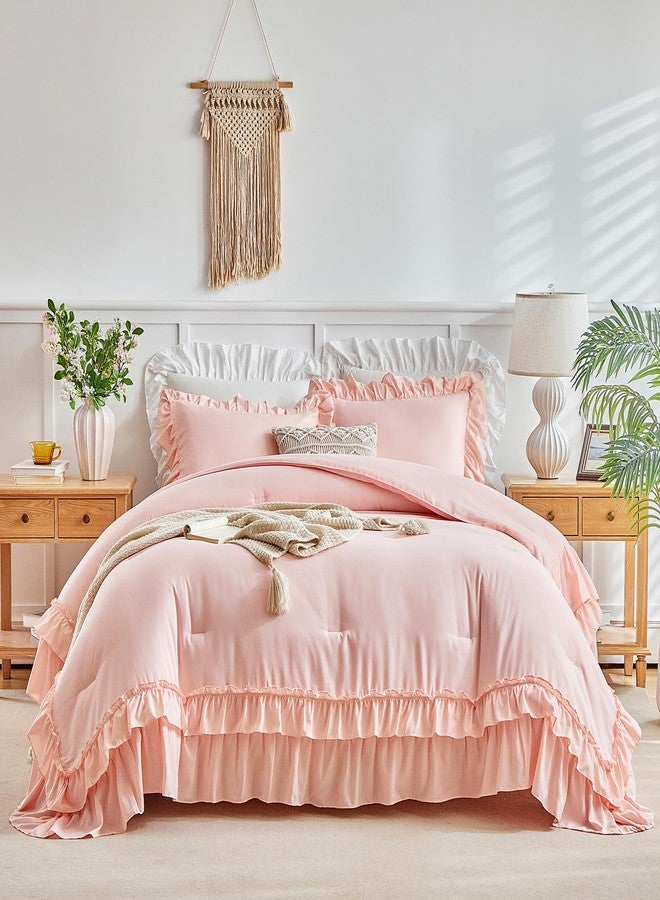 Flysheep Pink Ruffle Comforter Set Full/Queen Size, 3 Pieces Vintage Farmhouse Shabby Chic Comforters, Solid Color Lightweight Soft Fluffy Bedding Sets for All Season (1 Ruffled Comforter + 2 Pillow Shams) - Image 2