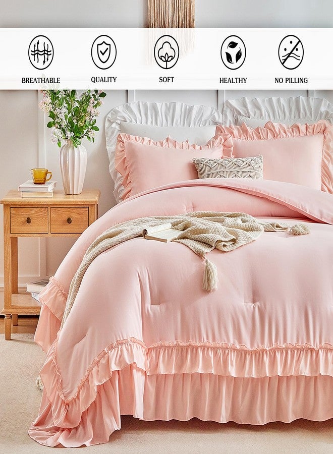 Flysheep Pink Ruffle Comforter Set Full/Queen Size, 3 Pieces Vintage Farmhouse Shabby Chic Comforters, Solid Color Lightweight Soft Fluffy Bedding Sets for All Season (1 Ruffled Comforter + 2 Pillow Shams) - Image 3