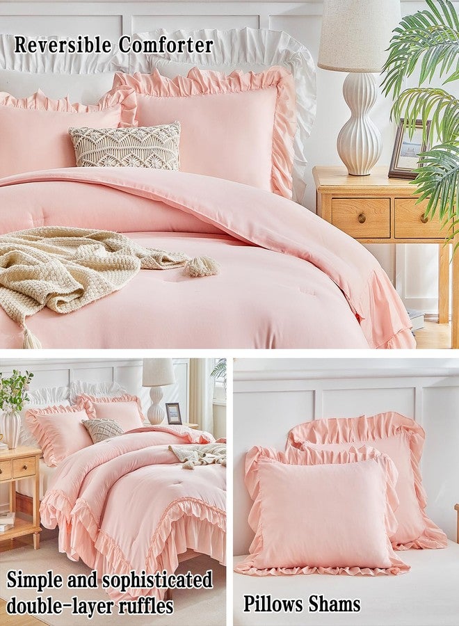 Flysheep Pink Ruffle Comforter Set Full/Queen Size, 3 Pieces Vintage Farmhouse Shabby Chic Comforters, Solid Color Lightweight Soft Fluffy Bedding Sets for All Season (1 Ruffled Comforter + 2 Pillow Shams) - Image 5