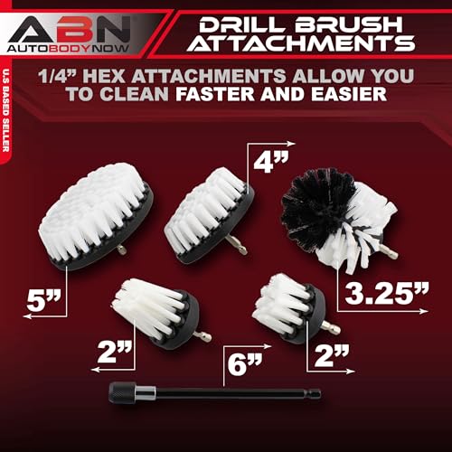 ABN ملحق فرشاة تنظيف بالدرل من ABN بحجم 1/4 بوصة من النايلون مع 5 قطع وقطعة تمديد واحدة - منظف دش، فرشاة حوض سبا، فرشاة سجاد، منظف جراوت للمنزل والسيارة - شعيرات ناعمة بيضاء - Image 2