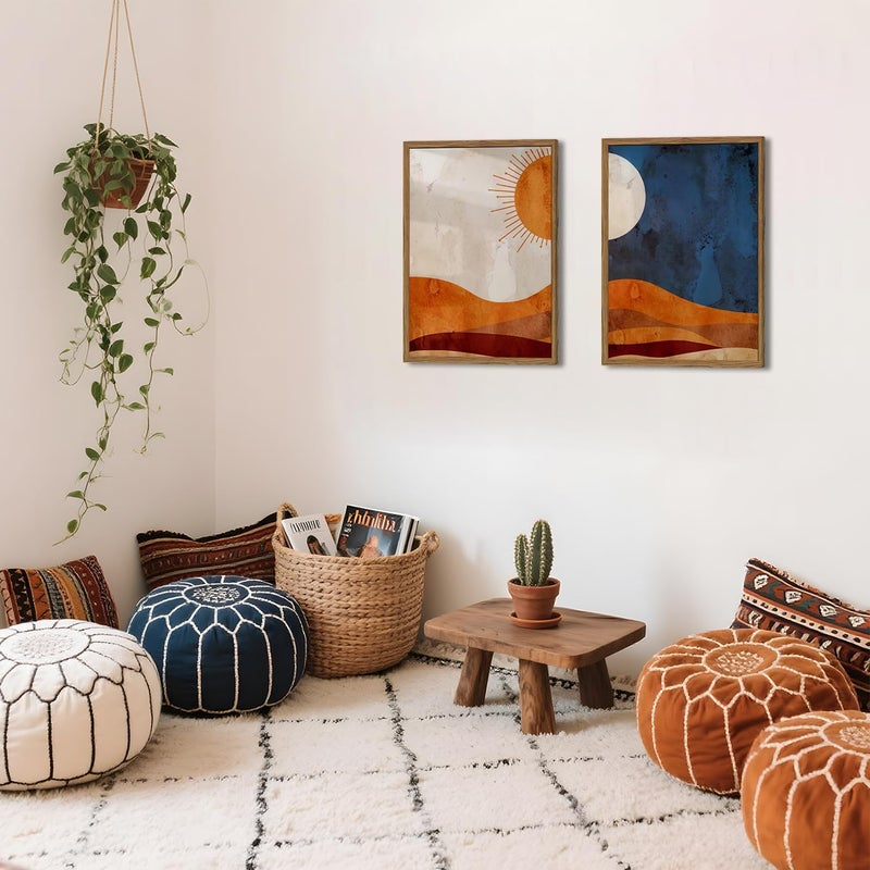 Hwetui Framed Boho Sun and Moon Canvas Wall Art Set of 2, Vintage Western Desert Landscape Wall Decor Paintings, Mid Century Modern Abstract Pictures Prints Artwork for Living Room Bedroom Office 16x24 inch - Image 2