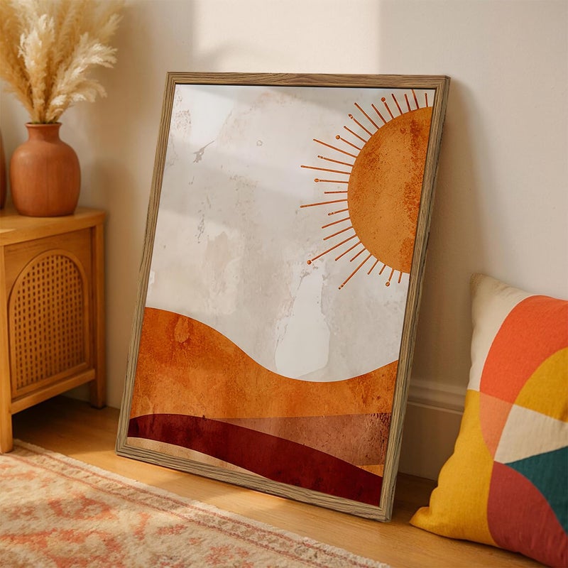Hwetui Framed Boho Sun and Moon Canvas Wall Art Set of 2, Vintage Western Desert Landscape Wall Decor Paintings, Mid Century Modern Abstract Pictures Prints Artwork for Living Room Bedroom Office 16x24 inch - Image 3