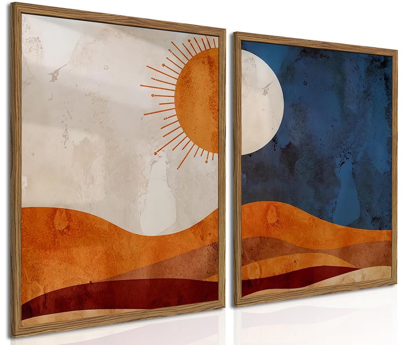 Hwetui Framed Boho Sun and Moon Canvas Wall Art Set of 2, Vintage Western Desert Landscape Wall Decor Paintings, Mid Century Modern Abstract Pictures Prints Artwork for Living Room Bedroom Office 16x24 inch - Image 1