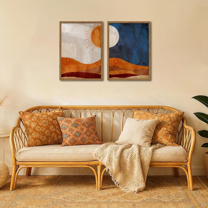 Hwetui Framed Boho Sun and Moon Canvas Wall Art Set of 2, Vintage Western Desert Landscape Wall Decor Paintings, Mid Century Modern Abstract Pictures Prints Artwork for Living Room Bedroom Office 16x24 inch - Image 5
